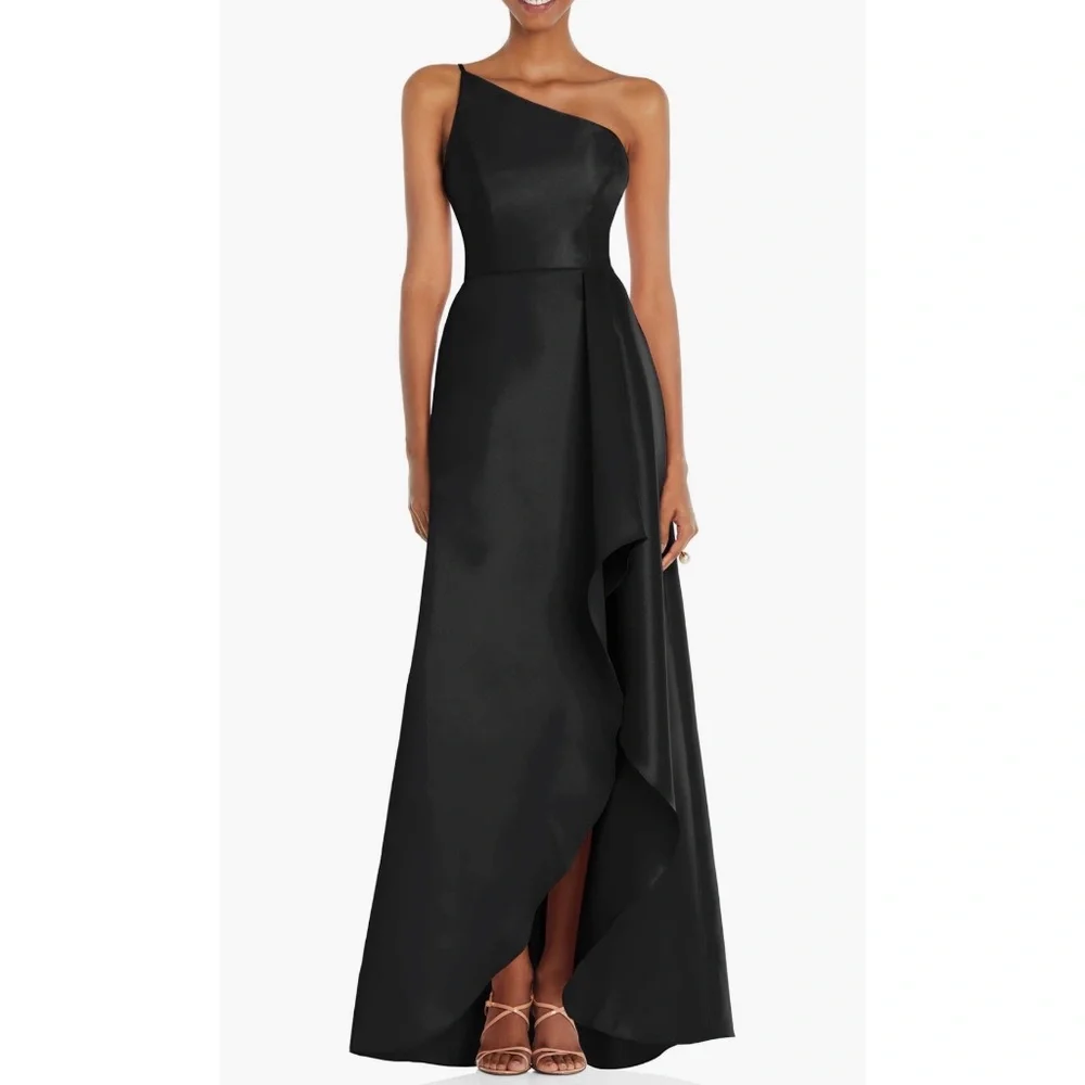 NEW Alfred Sung D831 One Shoulder Draped Front Satin Gown Black size 2